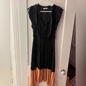 Ulla Johnson Black and Tan Pleated Midi Dress